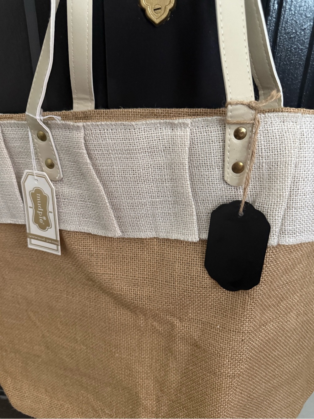 NWT Mudpie Rustic Two-Tone Jute Tote Bag with chalkboard tag